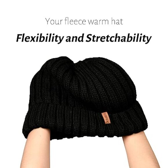 Fleece Lined Cable Knit Beanie Winter Hat Cozy Chunky Snow Cap